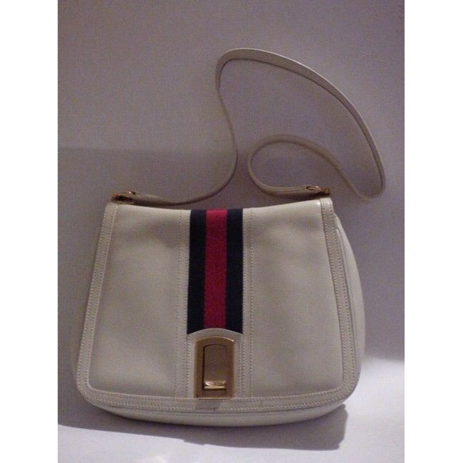 Gucci Vintage White Leather With Wide Red Blue Striped Center Hobo Bag