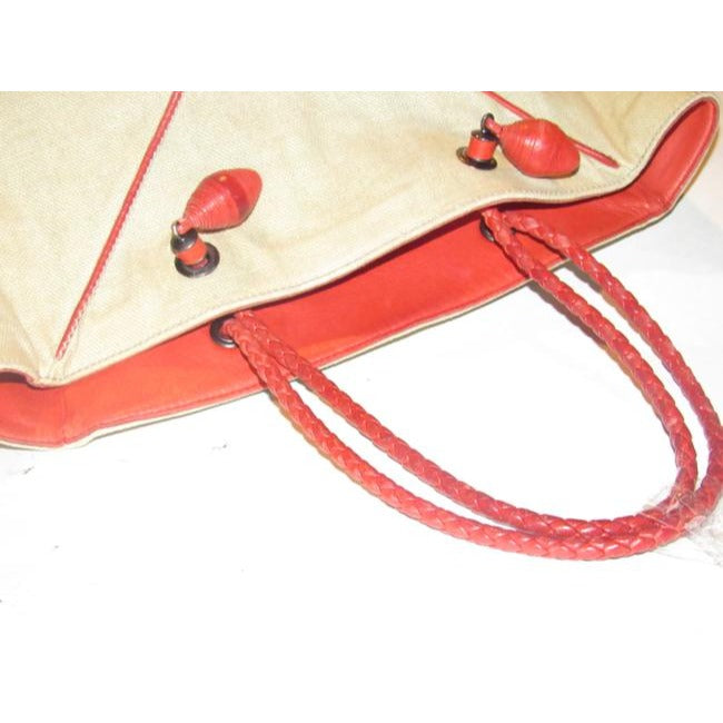 Bottega Veneta Pursesdesigner Purses Beige Canvas Fabric With Red Braided Leather Strapstrim And Top