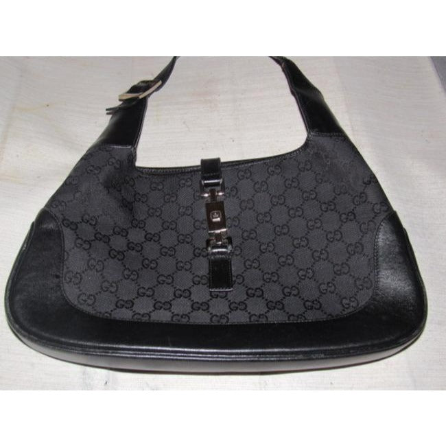 Gucci Jackie Black Charcoal Gray Leather Canvas Hobo Bag