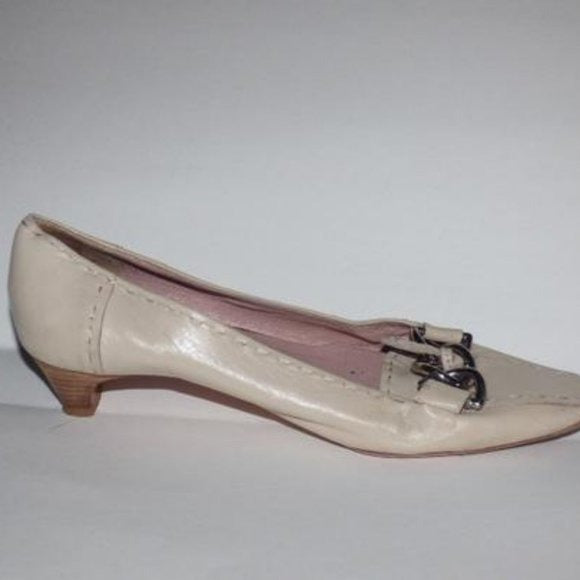 Prada Ivory Squared Pointy Toe Kitten Heel with Chrome  Chain