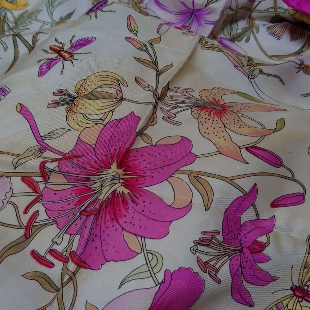 Vintage Gucci silk floral print scarf in purple, green, and yellow
