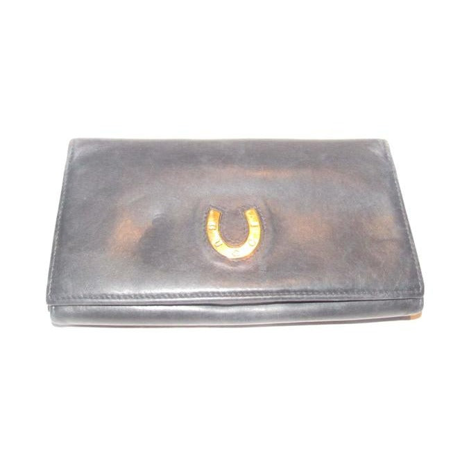 Gucci Navy Blue Leather With Gucci Logo Gold Horseshoe Vintage Continental Accent Wallet