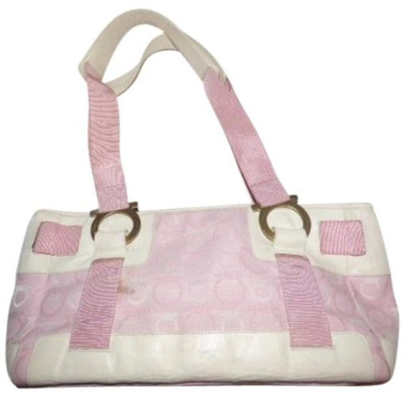 Vintage Ferragamo White Leather & Pink Fabric Gancini Print Satchel