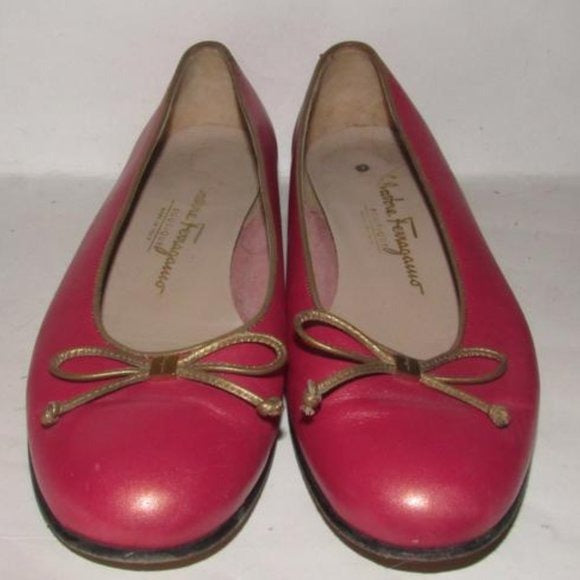 Salvatore Ferragamo Pink Leather Vintage Ballet Flats With Metallic Taupe Trim And Bows