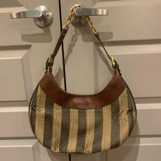 Fendi Brown Wide Pequin Stripe Print Leather & Quilted Canvas Hobo