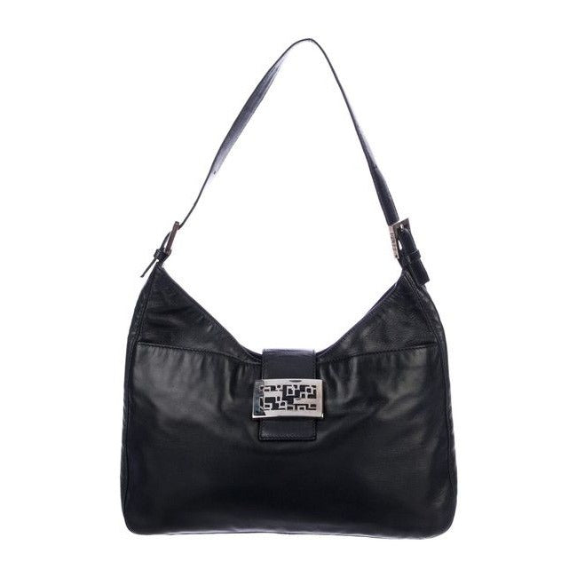 Fendi Shoulder Bag Hobo W V Shaped Style Clasp Black Leatherenamel Ff Satchel