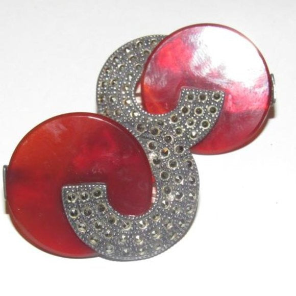 Art Deco Judith Jack Marcasite and Red Prystal Bakelite in Sterling Silver Clip On Earrings