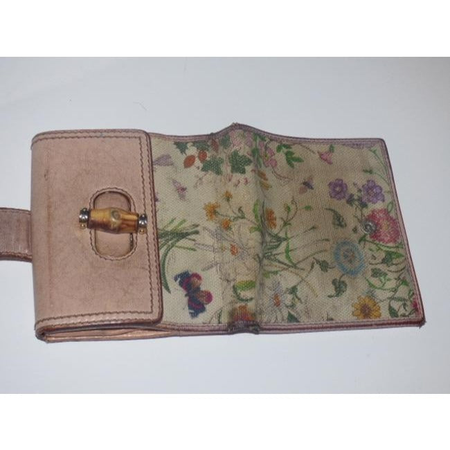 Gucci Floral Print Pink Leather Bamboo Line Wallet