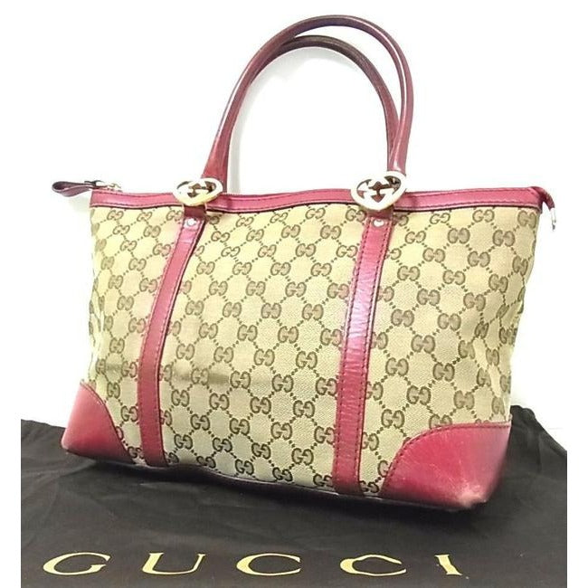 Gucci Vintage Dark Brown Large G Logo Print Canvas And Dark Red Pink Leather