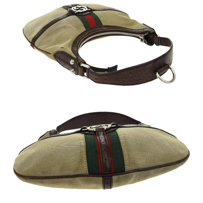 Gucci Vintage Khaki Canvas W Red Green Accent Leather Canvas Hobo Bag