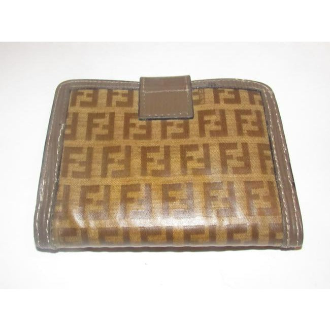 Fendi Dark Brown Small F Logo Print Coated Canvas And Textured Brown Leather Vintage Walletdesigner