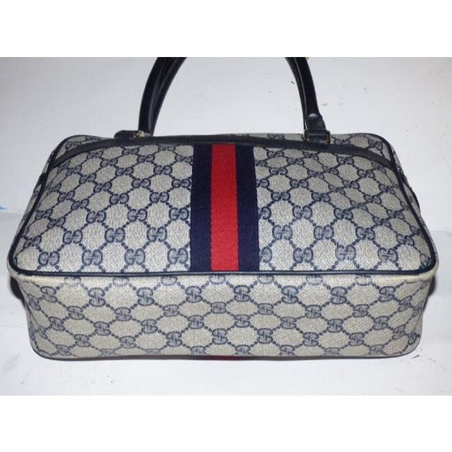 Gucci Guccissima Print Canvasleather Top Handle With Navy G Logoredblue Stripe Leathercoated Canvas