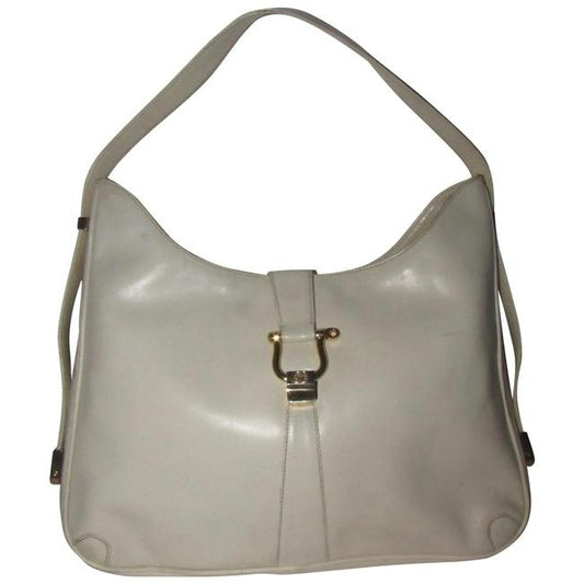 Early, Gucci, Jackie supple off-white colored leather XL hobo style shoulder bag with a gold horse-bit closure and accents, and two settings for the strap's length