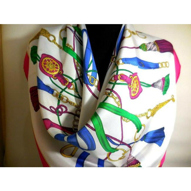 Celine Blue Pink Green Gold Tassels Equestrian Print Silk Scarf