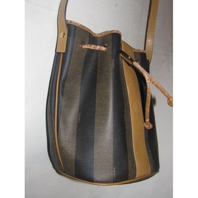 Fendi Vintage Pursesdesigner Purses Wide Striped Coated Canvas In Shades Of Brown And Camel Leather