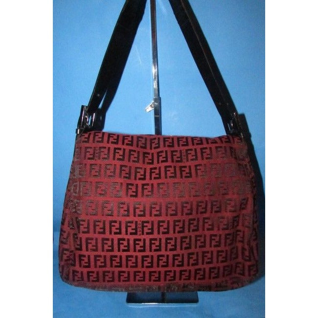 Fendi Mamma Zucco Zucchino Canvasleather Black Logo Print On Dark Red Canvas And Leather Shoulder Ba