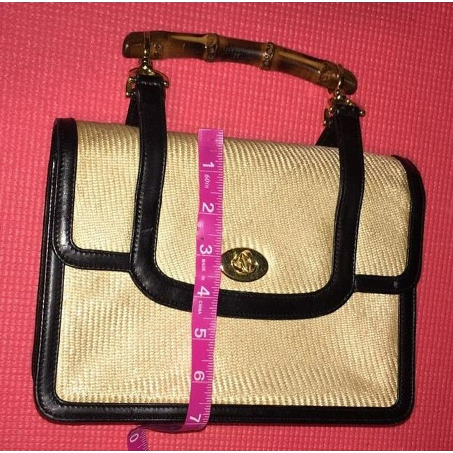 Gucci Box Handle Lunch Black Leather And Ivory Raffia Fabricraffia With Bamboo Satchel