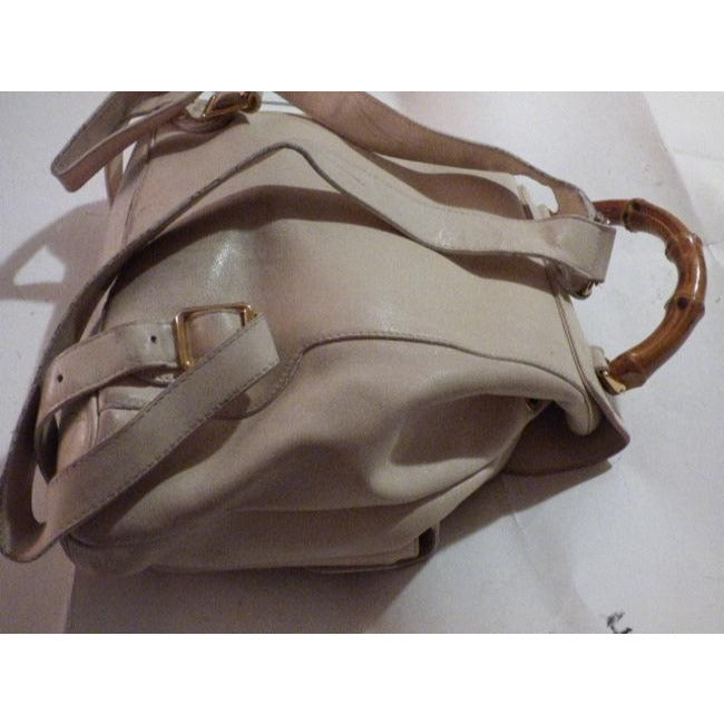 Gucci And Bamboo Handle White Leather Backpack