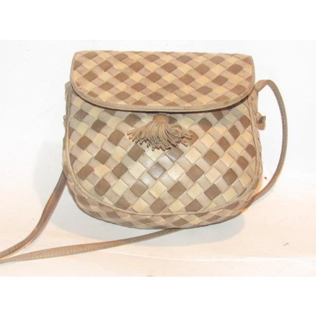 Bottega Veneta Vintage Brown Taupe And Ivory Woven Leather Shoulder Bag