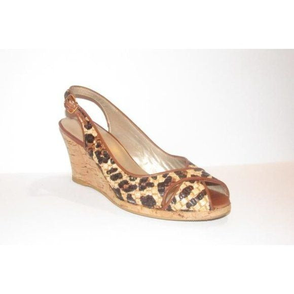 Stuart Weitzman Leopard Leather Cork Wedge Sandals