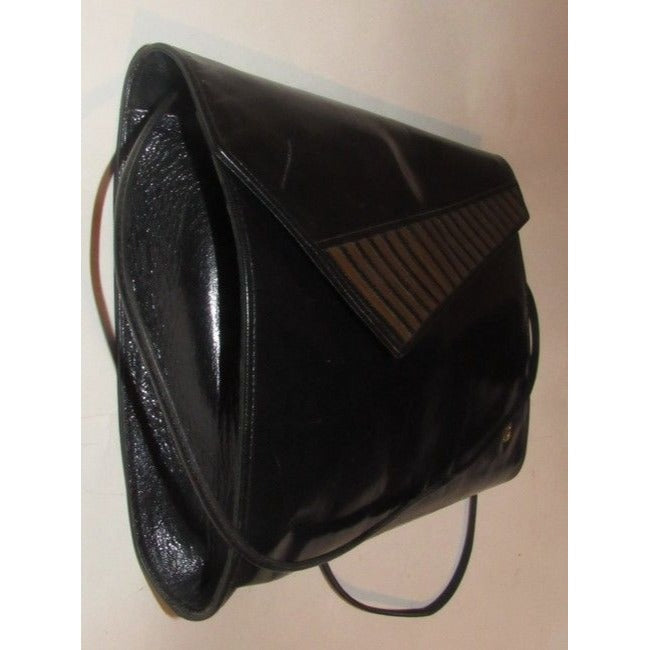 Bally Vintage Pursesdesigner Purses Black Glossy Leather With Asymmetrical Brown And Black Striped E