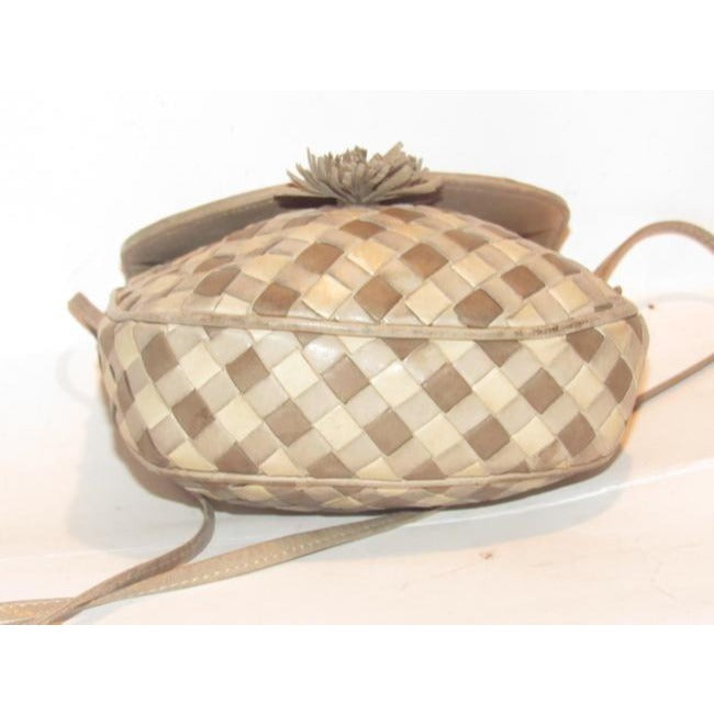 Bottega Veneta Vintage Brown Taupe And Ivory Woven Leather Shoulder Bag