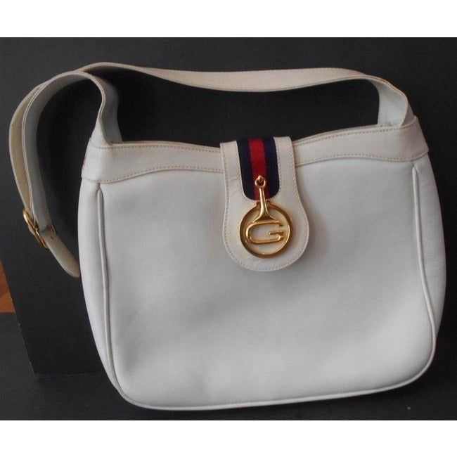 Gucci Vintage Pursesdesigner Purses White Leather With Red And Blue Striped Accent And Large Gold G