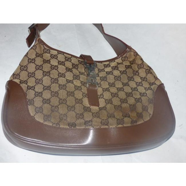 Gucci Jackie Vintage Style Shoulder Purse Brown Large G Logo Print Leather Canvas Hobo Bag