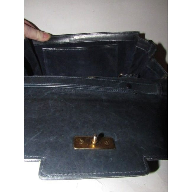 Gucci Vintage Dark Navy Blue Leather With A Cool Gold And Leather Bamboo Accent