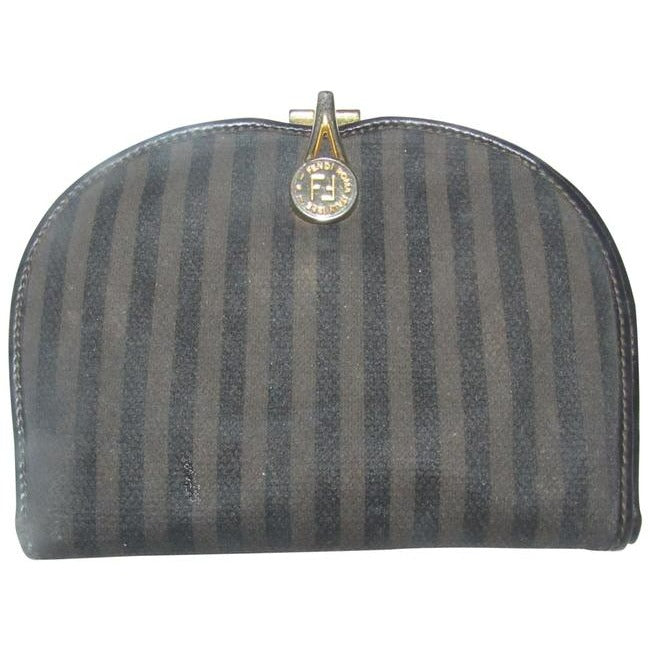 Fendi Black Grey And Brown Thin Striped Print Coated Canvas And Black Leather Vintage Wallet
