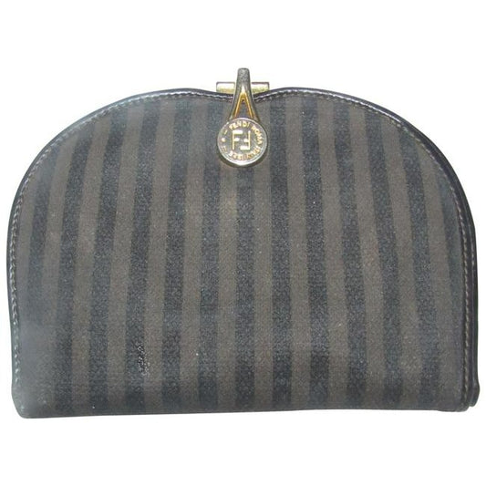 Fendi Black Grey And Brown Thin Striped Print Coated Canvas And Black Leather Vintage Wallet