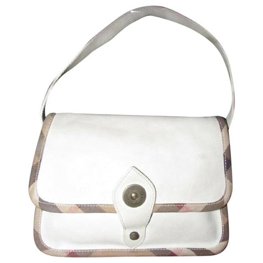 Burberry Purses White Leather With Nova Check Plaid Canvas Trim And Coated Shoulder Bag