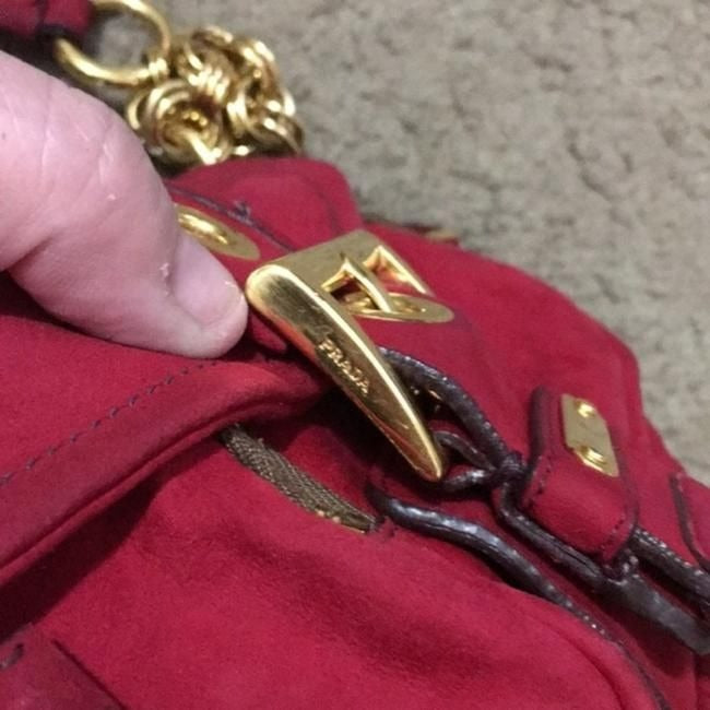 Prada Pattina Double Zip Pocket Rubino Camoscio Red Suede W Gold Chain And Leather Baguette