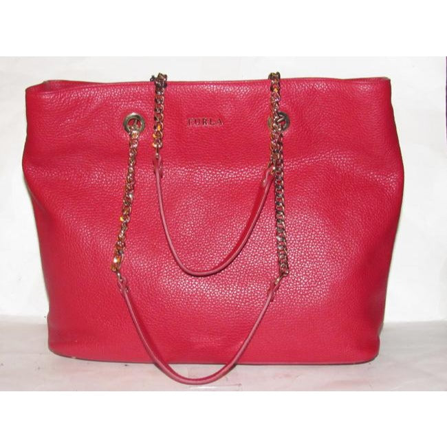 NWT, Furla, 'St. Alice', true red leather satchel with two gold chain & red leather straps, a footed bottom, and multiple compartments & pockets