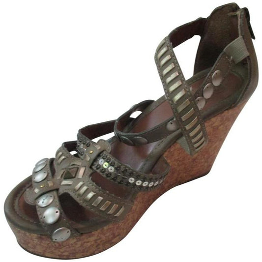 Lei Tan Snakeskin Cork Wedge Sandals Size Us