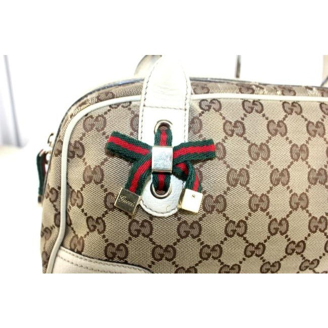 Gucci W Print Canvasleather Sherry Stripe Accents Brown Guccissimawhite Leathercanvas Satchel