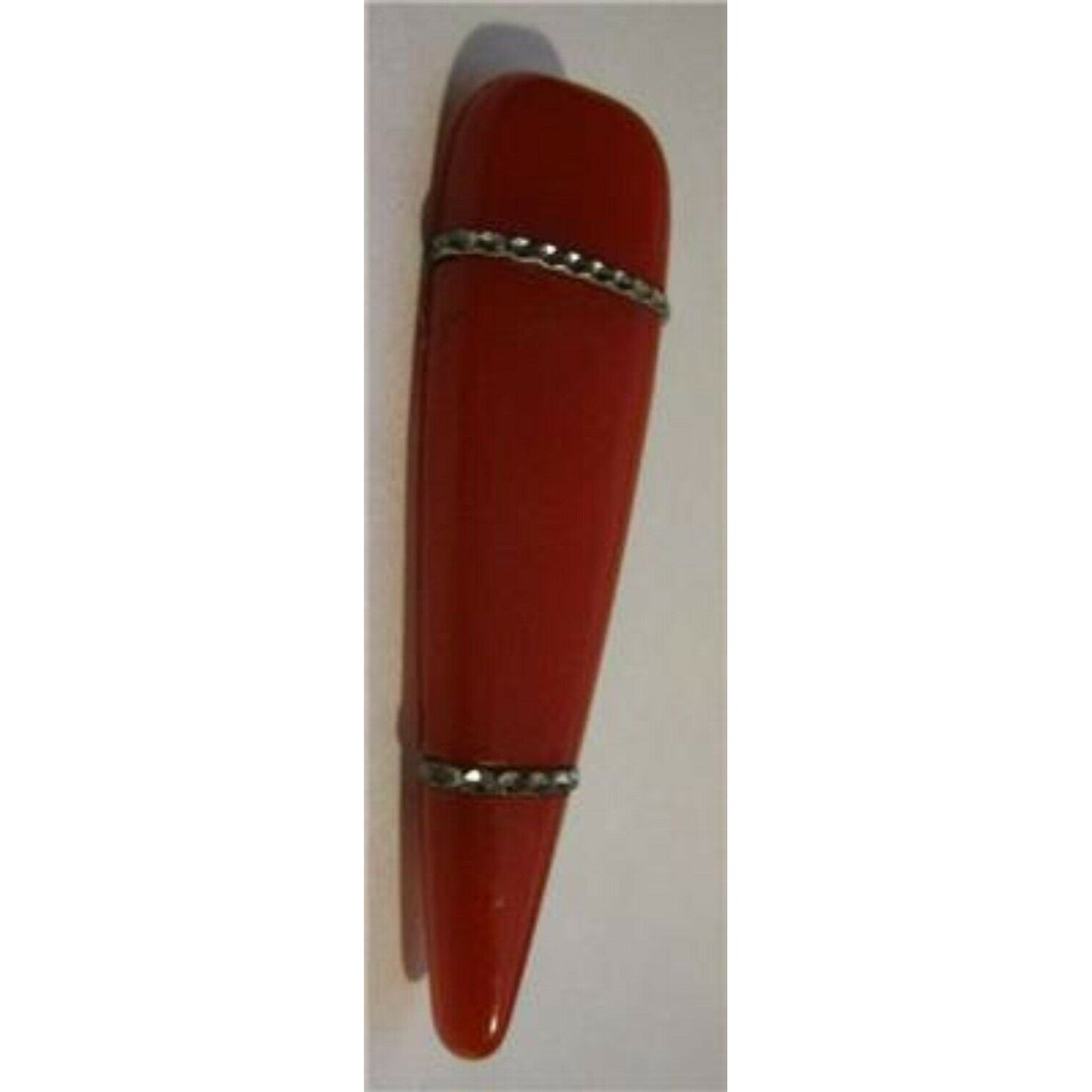 Art Deco Era Red Bakelite Stylized Elongated Teardrop Silver Metal Brooch Pin