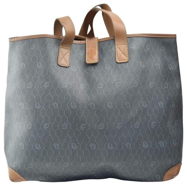 Dior Vintage Xl Brown Honeycomb Print On Greyish Green Coated Canvas And Camel Leather Tote