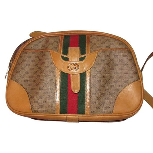 Gucci Gucci, unique, RARE, camel leather & brown small G logo, coated canvas, top zip, camera bag/bowler style, cross body