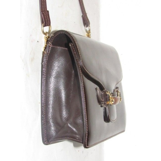 Gucci Horsebit Brown W Gold And Enamel Clasp Patent Leather Shoulder Bag