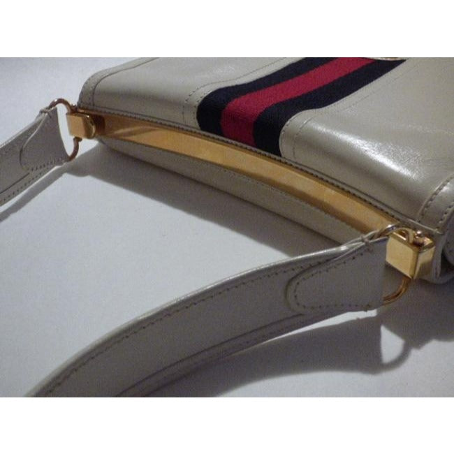 Gucci Vintage White Leather With Wide Red Blue Striped Center Hobo Bag