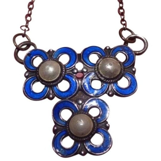 Modernist, David Andersen/Willy Winnaess, Blue Enamel & Pearl Pendant on a Sterling Necklace