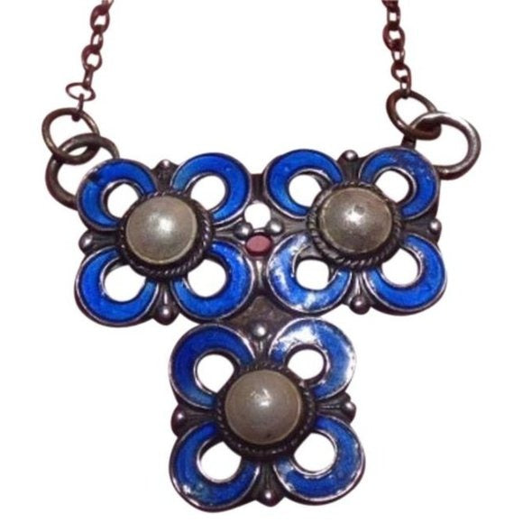 Modernist, David Andersen/Willy Winnaess, Blue Enamel & Pearl Pendant on a Sterling Necklace