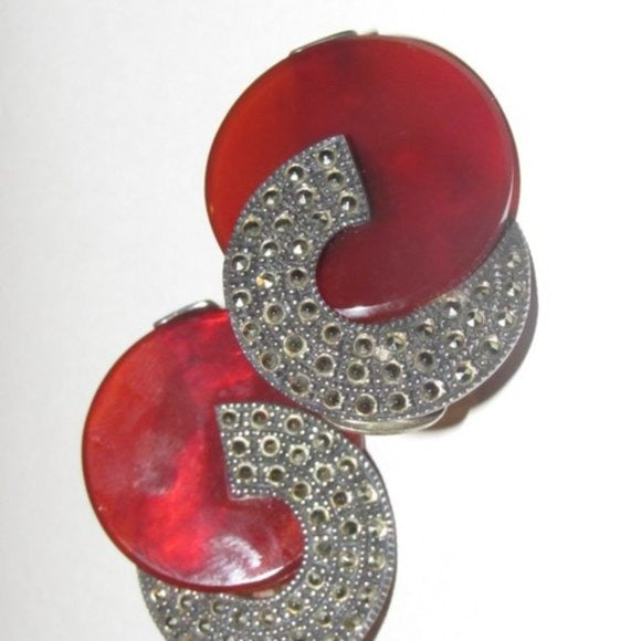 Art Deco Judith Jack Marcasite and Red Prystal Bakelite in Sterling Silver Clip On Earrings