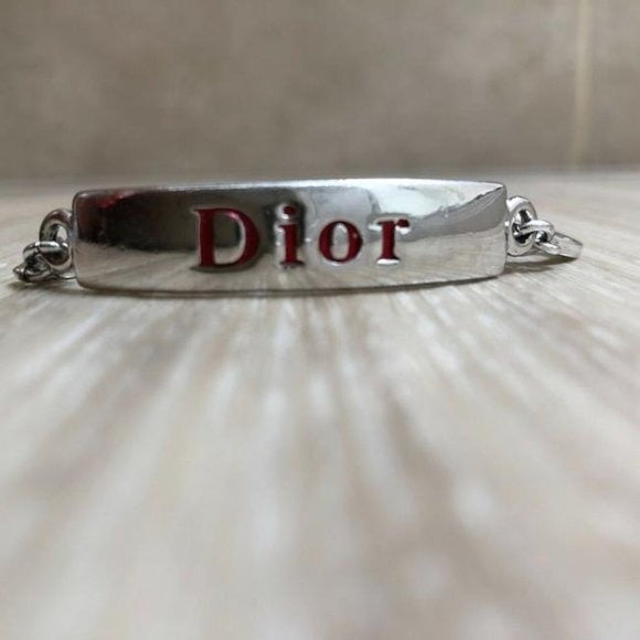 RARE! DIOR Silver ID Bracelet with Red Enamel and Crystal Accents