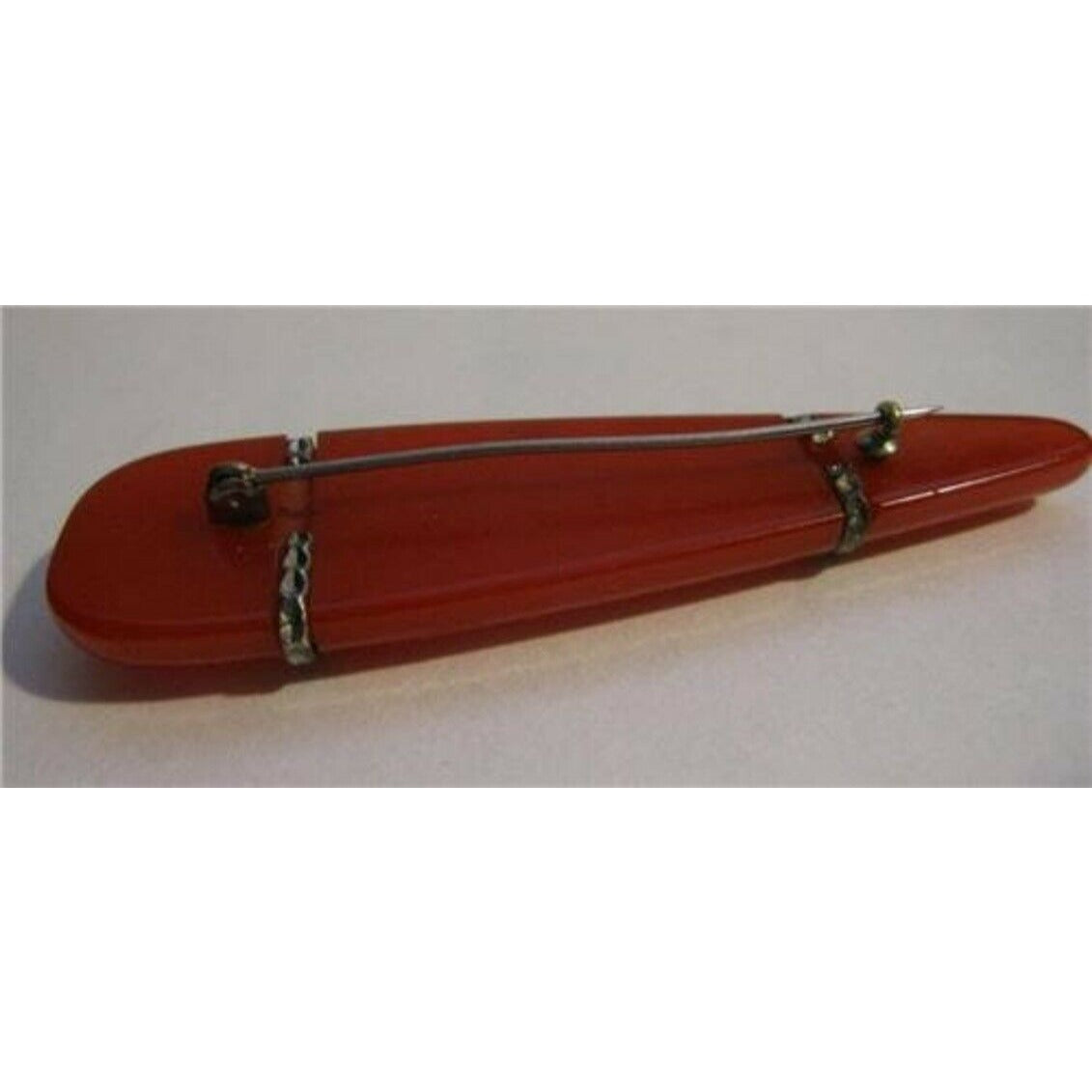 Art Deco Era Red Bakelite Stylized Elongated Teardrop Silver Metal Brooch Pin