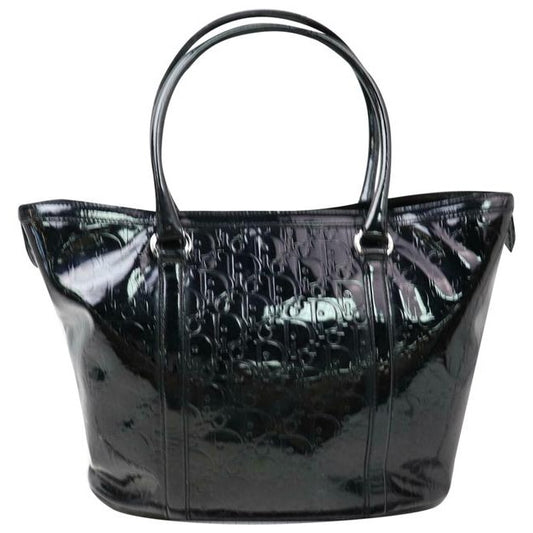 Dior Satchel Or Black Glossy Embossed Trotter Logo Print Enamel Leather Patent Tote