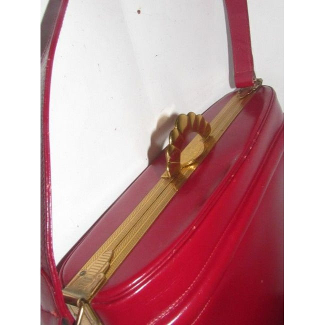 Evans Vintage True Red Leather And Engraved Gold Frame And Clasp Satchel