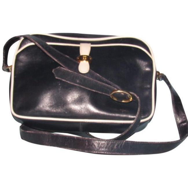 Gucci Vintage Navy Blue Leather With White Piping Shoulder Bag