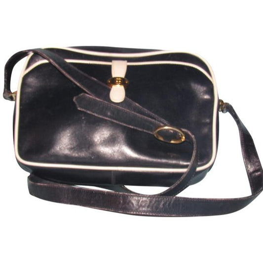 Gucci Vintage Navy Blue Leather With White Piping Shoulder Bag